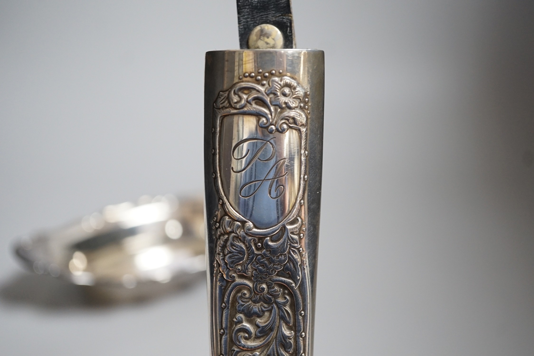 A George V silver bon bon dish, Sheffield, 1928, 19.9cm and a Scandinavian? 925 S white metal mounted dagger sheath, maker EIK.